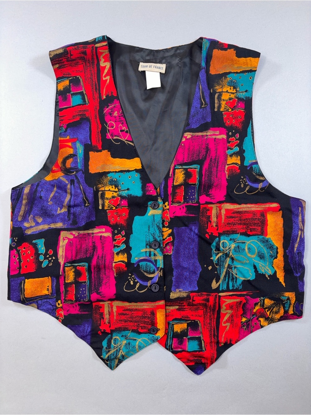 Vintage Tour de France Vest 80s / 90s Abstract Print Colorful Rayon Waistcoat